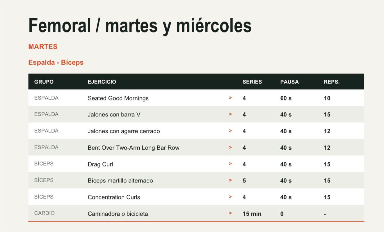 Tabla de rutina con nombres de ejercicios enlazados